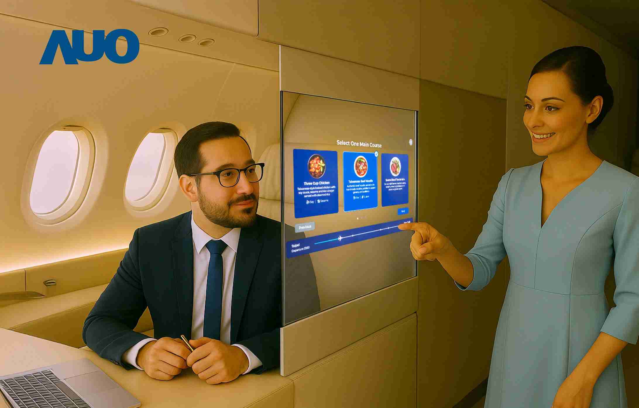 JDB电子研发全球最薄17.3 吋双面透明 Micro LED 显示器，，，可在同一屏幕之双边投射不同信息，，，创造独特的”透明化”互动；图为实时翻译交流应用情境