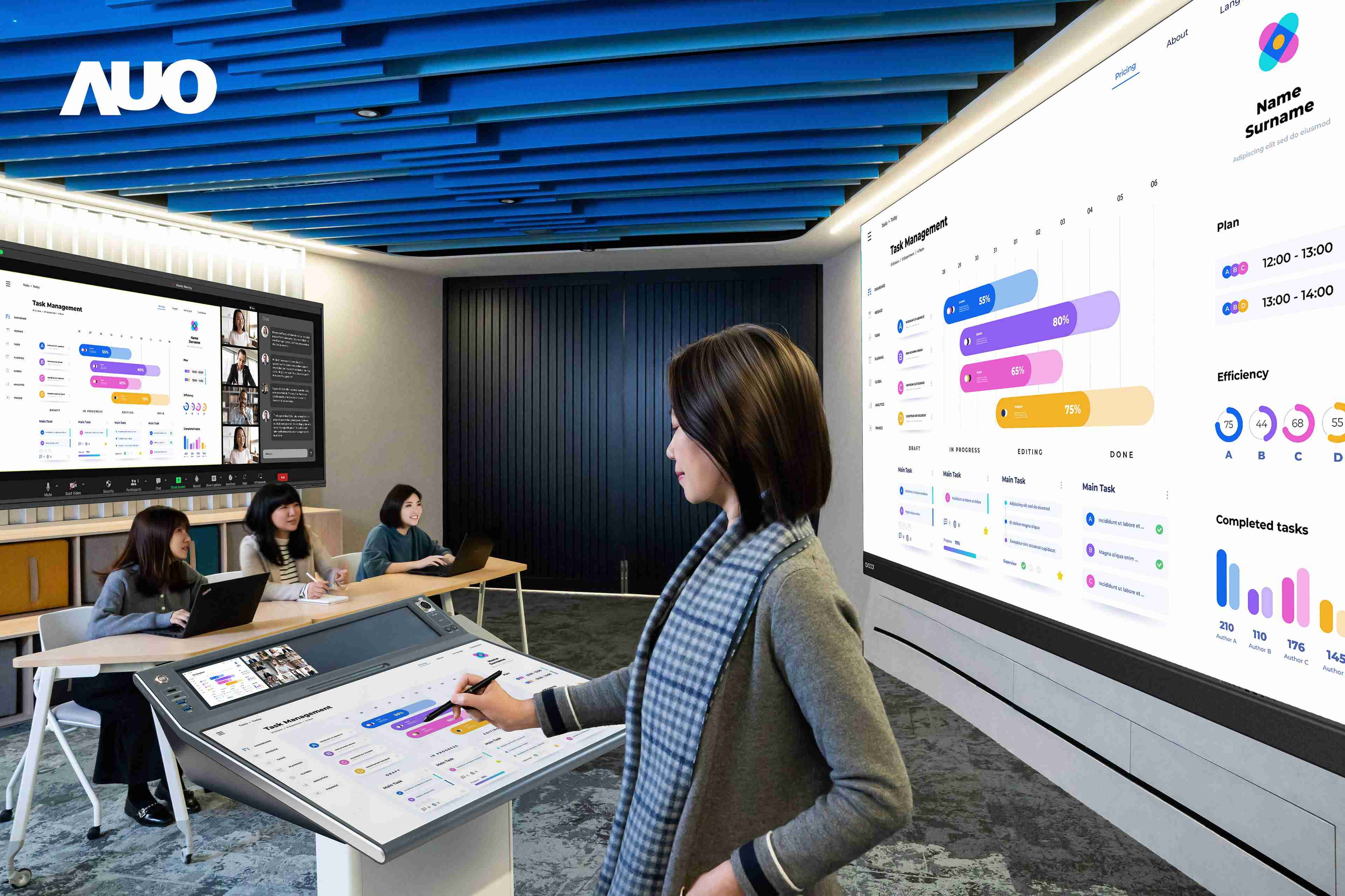 达擎携手Avocor与Rise Vision展示全方位商务领域应用，，包含采用模块化设计的138吋一体式All-in-One LED显示器及具21:9超宽比例的92吋交互式电子白板（IFPD），，讲者可轻松分享内容，，有效提升会议协作效率。。